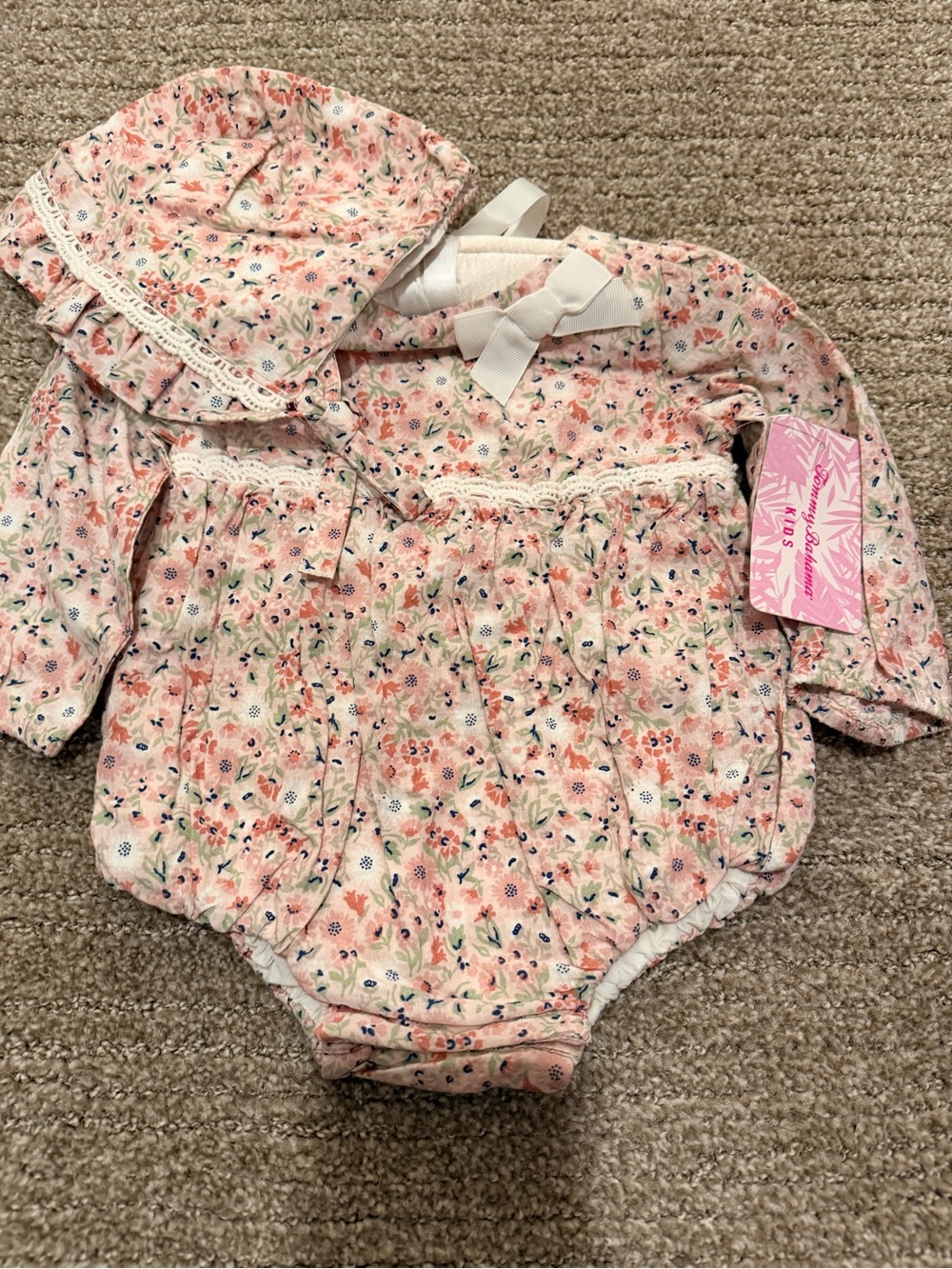 Tommy Bahama Pink Floral Baby One-Piece with Matching Bonnet